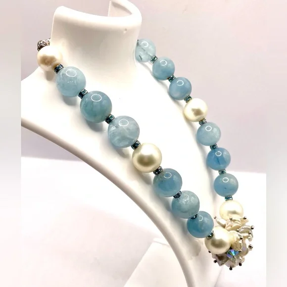 Gorgeous Aquamarine Beaded Necklace Fresh Water Pearls Crystal Spacers 925 - Picture 3 of 11